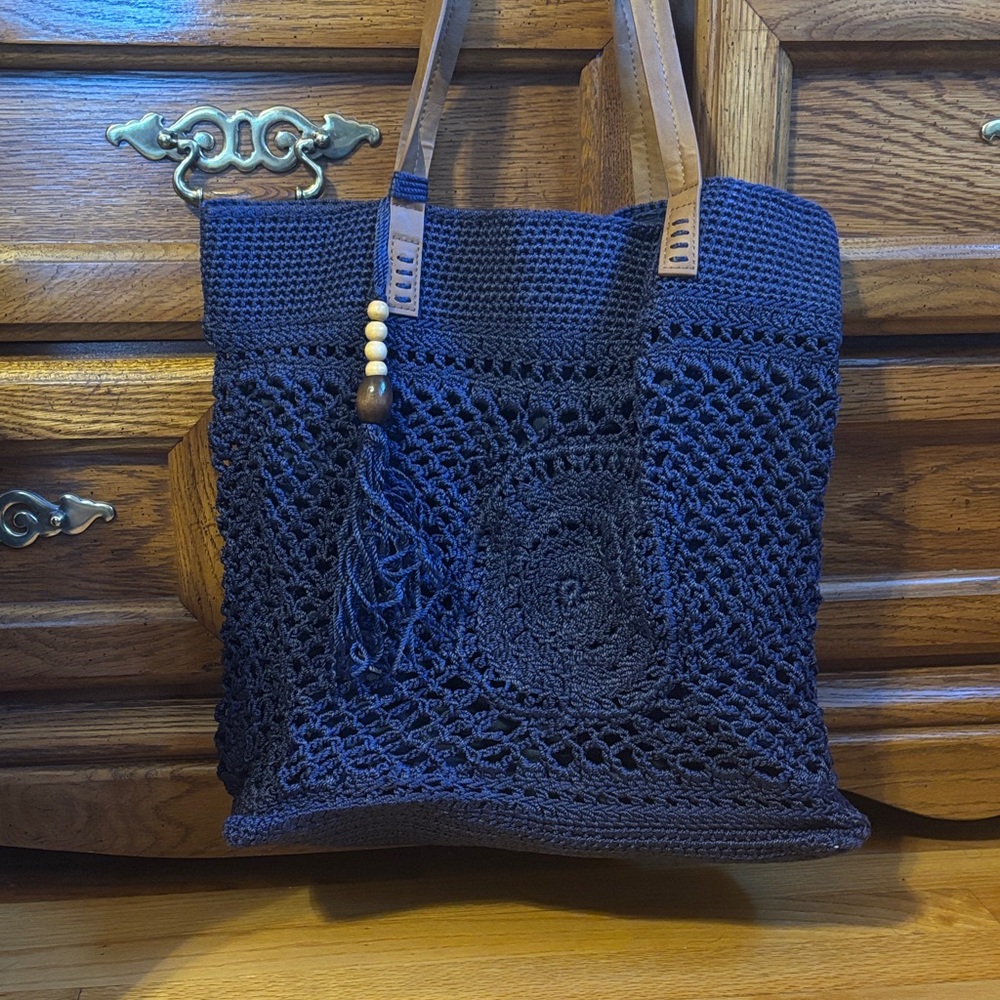 Women’s Crochet Tote Bag with Leather Handles - Navy